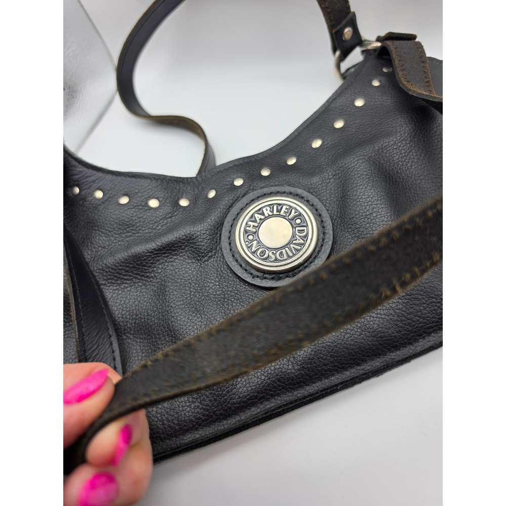 Harley-Davidson Black Pebbled Leather Studded Small Shoulder Bag Hobo Purse - Picture 3 of 11